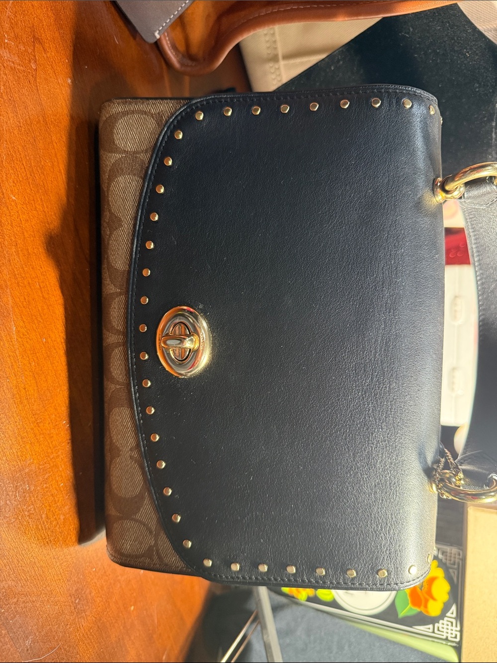 Coach Black Leather & Brown Signature Canvas Shoulder Bag with Gold Hardware